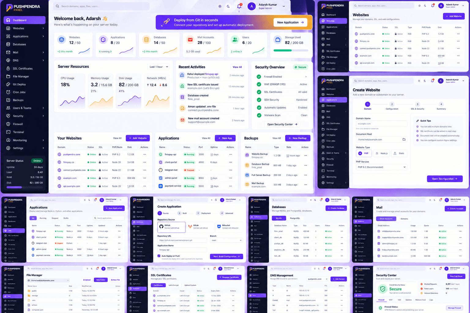Pushpendra Panel dashboard showing websites, applications, databases, server resources and security overview